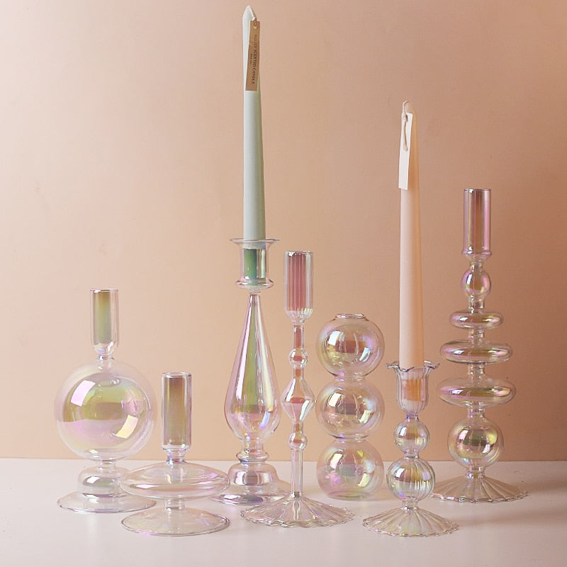 Clear Rainbow Iridescent Blown Glass Candle Holder - Image 3