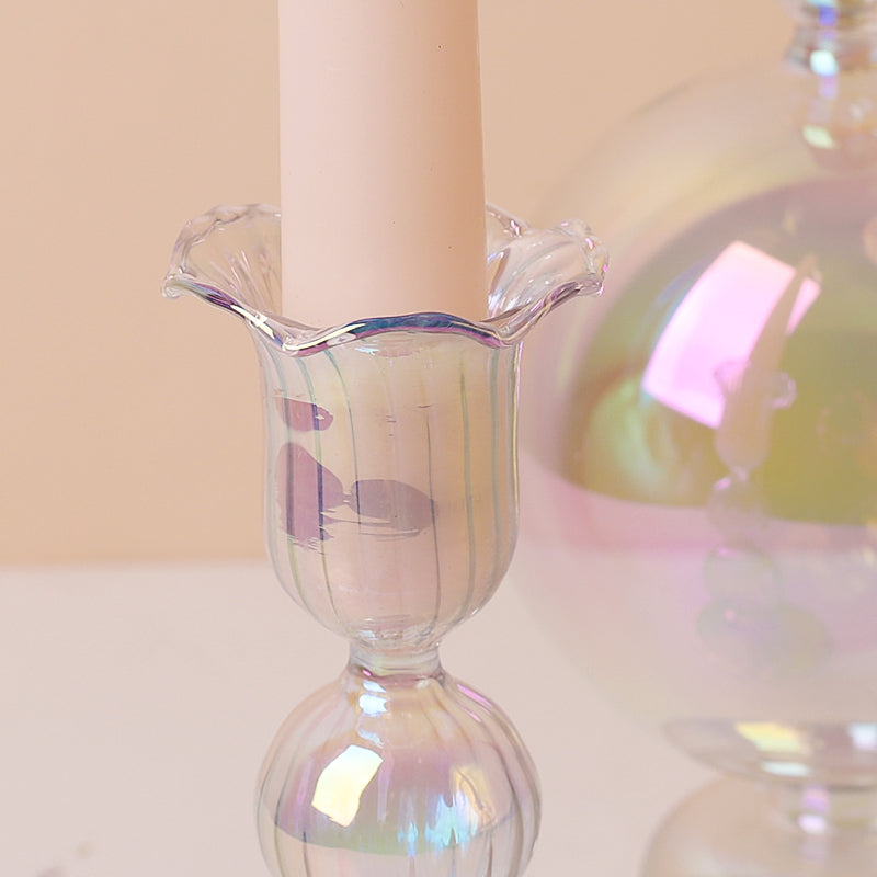 Clear Rainbow Iridescent Blown Glass Candle Holder - Image 4